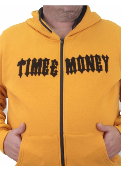 Mocgrande Fermuarlı Kapuşonlu Büyük Beden Sweat Time Money 23218 Hardal fırsatları