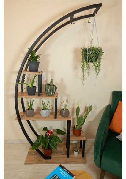 Dekoratif Siyah Metal Ayaklı Askılı Ahşap Çiçeklik Lüx Raf Saksılık fiyatları
