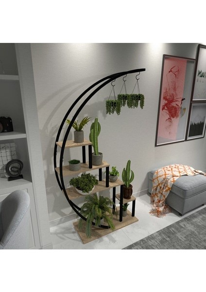Dekoratif Siyah Metal Ayaklı Askılı Ahşap Çiçeklik Lüx Raf Saksılık modelleri