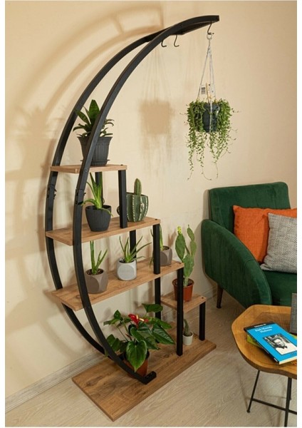 Dekoratif Siyah Metal Ayaklı Askılı Ahşap Çiçeklik Lüx Raf Saksılık fırsatları