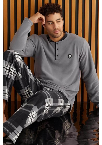 Gri Beyaz Ekose Desenli polar erkek pijama takımı