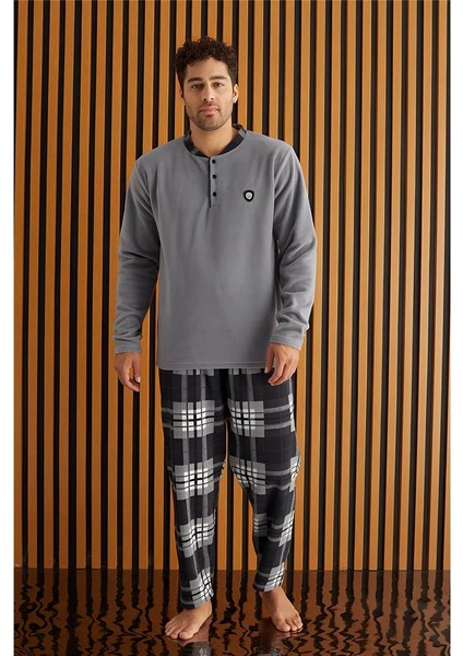 Gri Beyaz Ekose Desenli polar erkek pijama takımı fiyatları