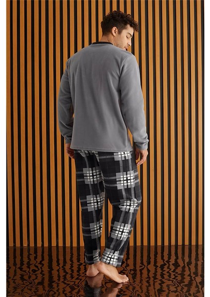 Gri Beyaz Ekose Desenli polar erkek pijama takımı modelleri