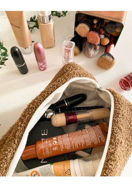 Kahve Peluş Krem Astarlı Makyaj Çantası Çanta Içi Organizeri modelleri