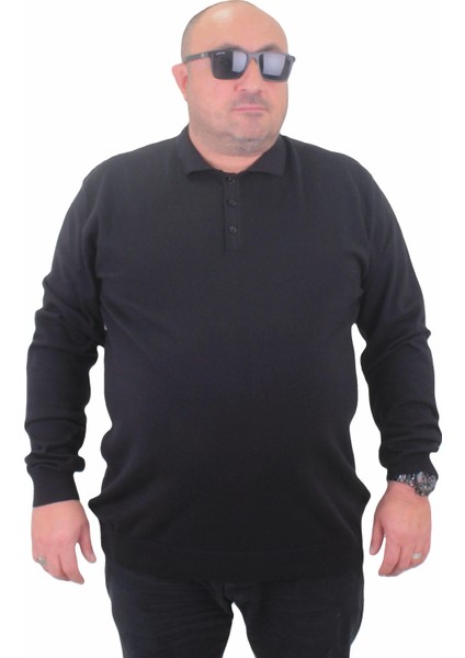 Mocgrande Erkek Büyük Beden Polo Yaka Düğmeli Triko Kazak 23700 Sıyah