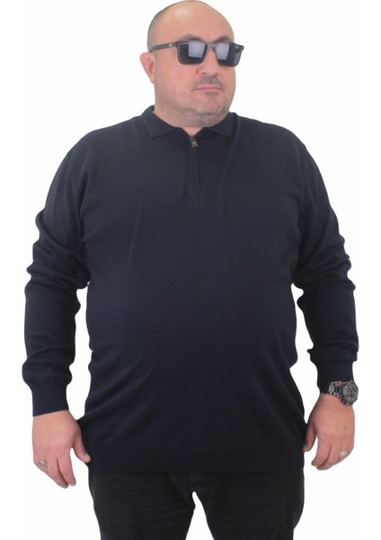 Mocgrande Erkek Büyük Beden Polo Yaka Fermuarlı Triko Kazak 23701 Lacıvert