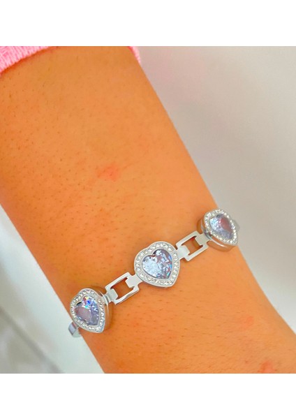 Zirkon Taşlı Kalp Çelik Bileklik Bilezik Künye