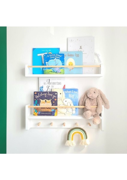 50 cm 2 Li Set Raf Askılık Beyaz- Naturel Ahşap Montessori