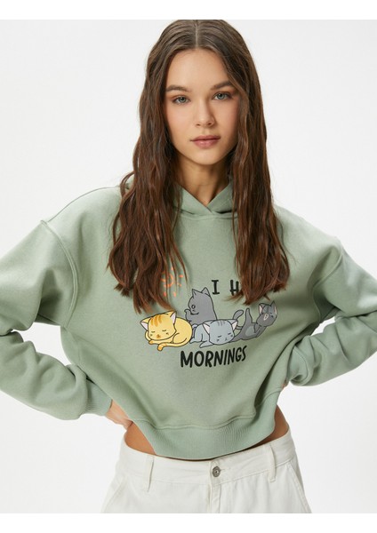 Kedili Crop Kapşonlu Sweatshirt Uzun Kollu Rahat Kalıp