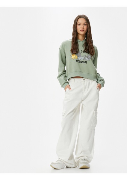 Kedili Crop Kapşonlu Sweatshirt Uzun Kollu Rahat Kalıp
