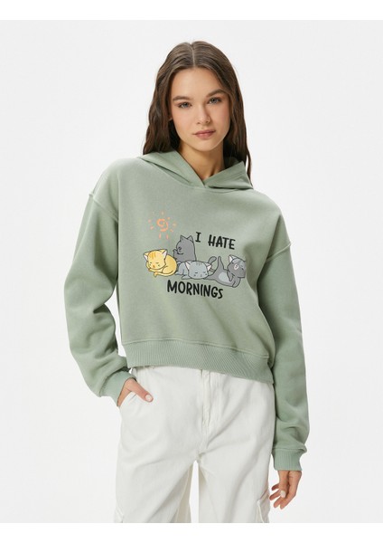 Kedili Crop Kapşonlu Sweatshirt Uzun Kollu Rahat Kalıp