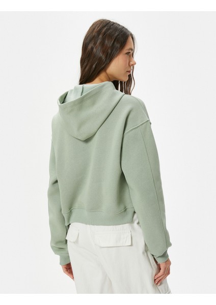 Kedili Crop Kapşonlu Sweatshirt Uzun Kollu Rahat Kalıp