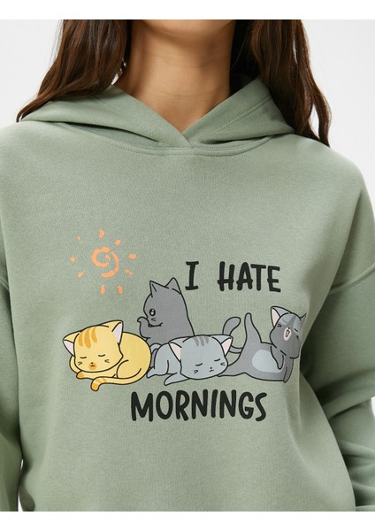 Kedili Crop Kapşonlu Sweatshirt Uzun Kollu Rahat Kalıp
