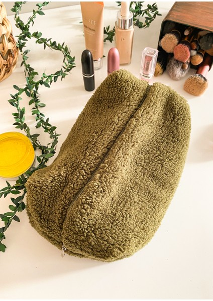 Yeşil Peluş Krem Astarlı Makyaj Çantası Çanta Içi Organizeri modelleri