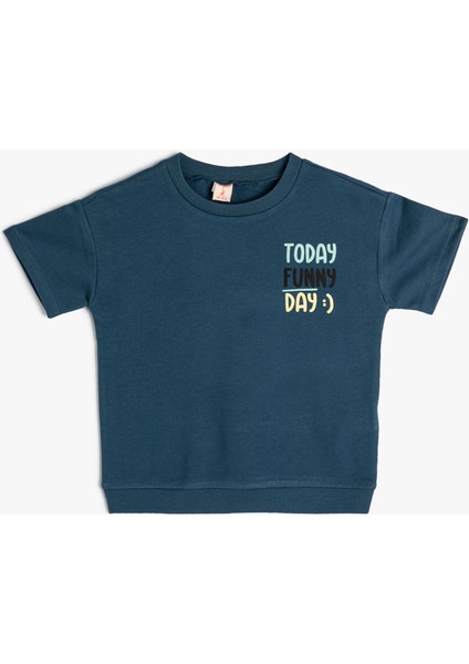 Slogan Baskılı Tişört Kısa Kollu Pamuklu