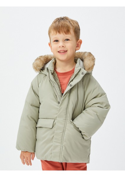 Kapşonlu Kaban Peluş Astarlı Dolgulu Cepli