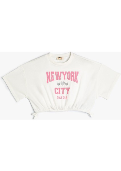 Crop Tişört Kolej Baskılı Kısa Kollu Pamuklu