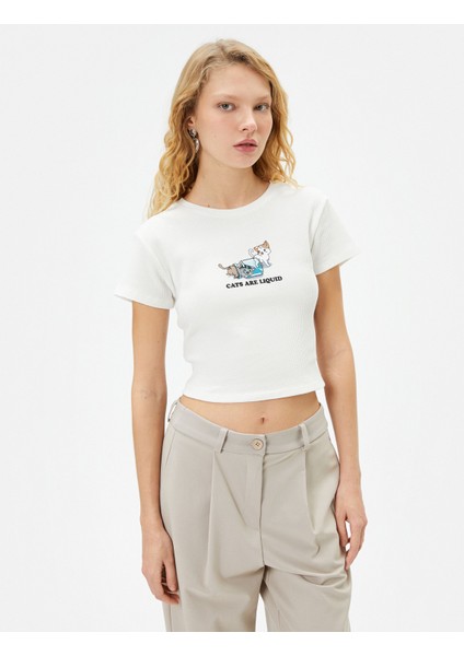 Kedi Baskılı Crop Tişört Kısa Kollu Slim Fit Ribanalı Pamuklu