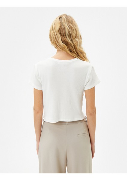 Kedi Baskılı Crop Tişört Kısa Kollu Slim Fit Ribanalı Pamuklu
