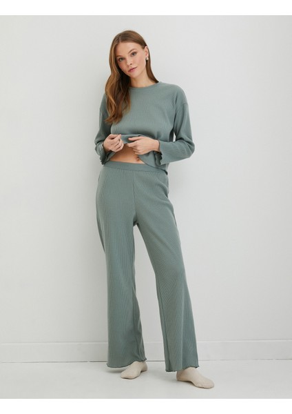 Kışlık Pijama Üstü Bisiklet Yaka Uzun Kollu Dokulu