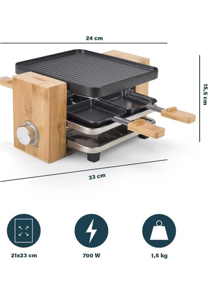 Pure 4 Raclette Makinesi - 4 Kişi Ters Çevrilebilir Izgara ve Teppanyaki Tabağı - 700W