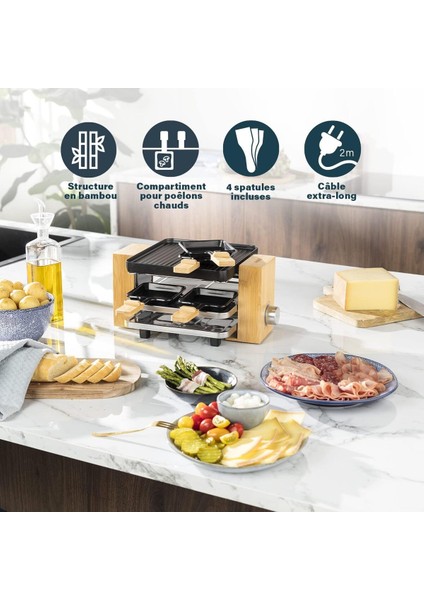 Pure 4 Raclette Makinesi - 4 Kişi Ters Çevrilebilir Izgara ve Teppanyaki Tabağı - 700W