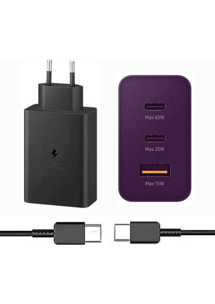 65W Trio 3 Girişli Hızlı Şarj Başlık ve Typec To Typec Kablo Çoklu Şarj Seti