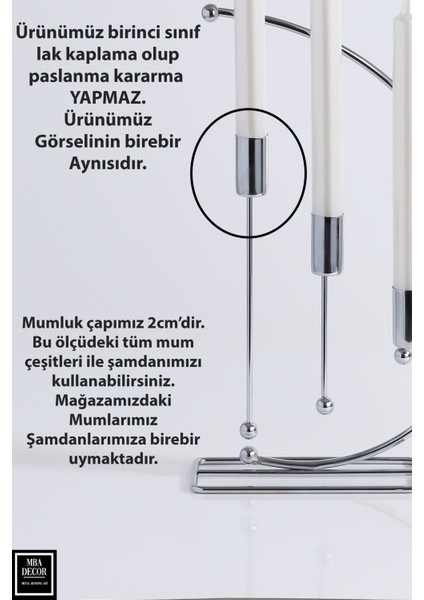 Nota Model Gümüş Metal 3 Lü Şamdan Üçlü Mumluk Dekoratif Mumluk 25CM Paslanmaz Kaplama Ev Dekorasyon