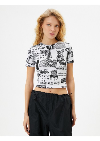 Baskılı Crop Tişört Slim Fit Kısa Kollu Pamuklu