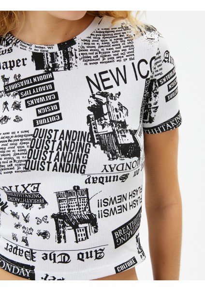 Baskılı Crop Tişört Slim Fit Kısa Kollu Pamuklu