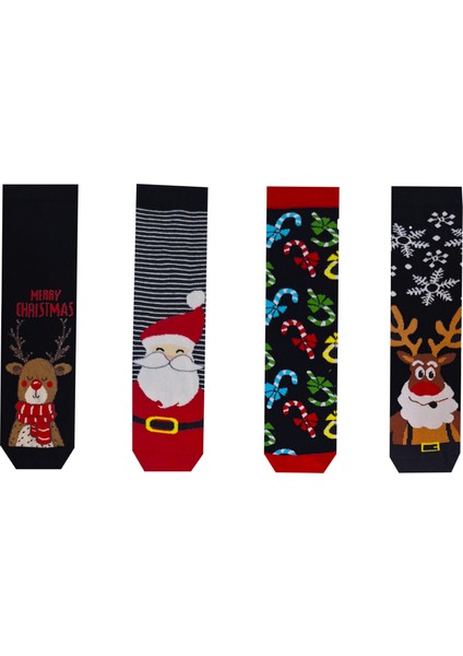 4'lü Unisex Noel Baba Geyik Kardan Adam Yılbaşı Desenli Çorap Seti