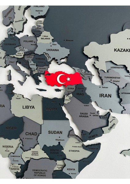 Antrasit Ahşap Katmanlı Dünya Haritası 3D