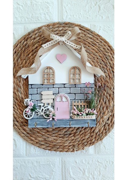 Psacraft Dekoratif Ürün Dantel Perdeli Pembe Anahtarlık Askısı Pano 23 x 25