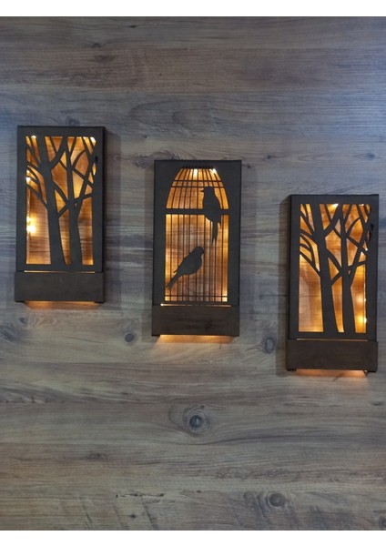 3'lü Set Ahşap Tablo Peri Ledli Ev Hediyesi Hol Antre Mutfak Balkon Gece Lambası Duvar Dekoru