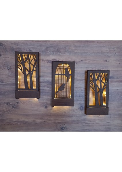 3'lü Set Ahşap Tablo Peri Ledli Ev Hediyesi Hol Antre Mutfak Balkon Gece Lambası Duvar Dekoru