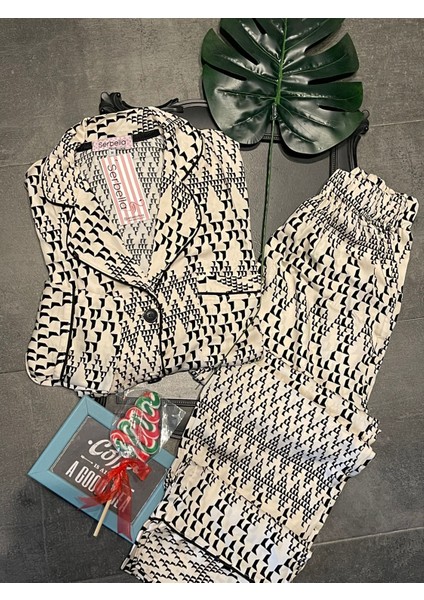 Ipeksi Saten Cubes Gömlek Pantolon Pijama Takımı