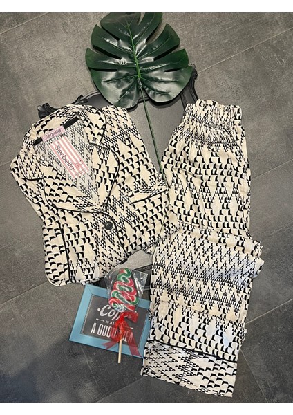 Ipeksi Saten Cubes Gömlek Pantolon Pijama Takımı