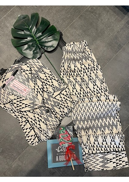 Ipeksi Saten Cubes Gömlek Pantolon Pijama Takımı