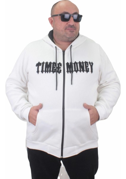 Fermuarlı Kapuşonlu Büyük Beden Sweat Time Money 23218 Ekru