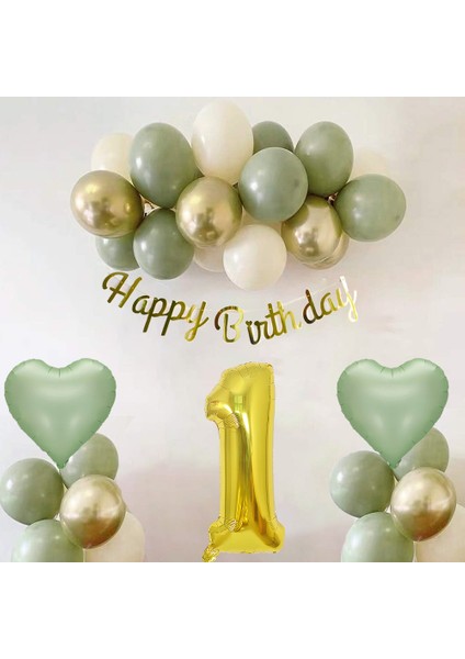 Adaçayı Konsept Doğum Günü Seti ; Küf Yeşili-Krom Gold- Deniz Kumu ve Adaçayı Kalp Folyo Balon Set