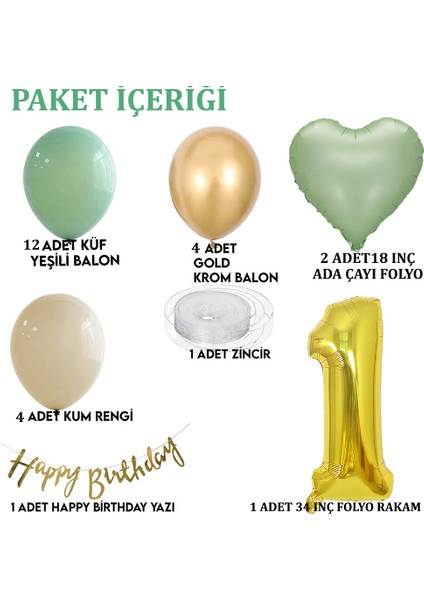 Adaçayı Konsept Doğum Günü Seti ; Küf Yeşili-Krom Gold- Deniz Kumu ve Adaçayı Kalp Folyo Balon Set