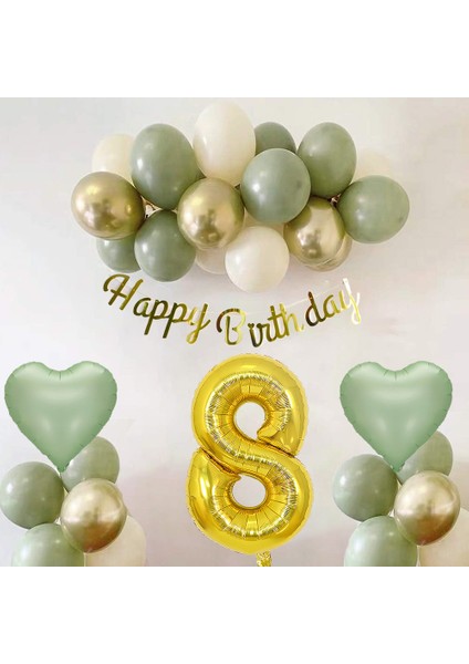Adaçayı Konsept Doğum Günü Seti ; Küf Yeşili-Krom Gold- Deniz Kumu ve Adaçayı Kalp Folyo Balon Set