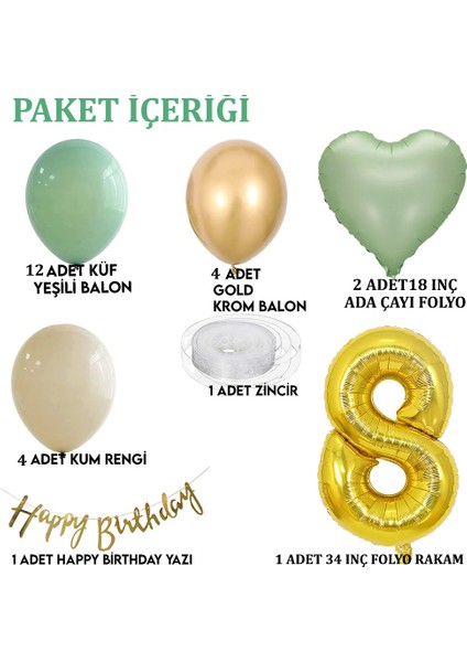 Adaçayı Konsept Doğum Günü Seti ; Küf Yeşili-Krom Gold- Deniz Kumu ve Adaçayı Kalp Folyo Balon Set