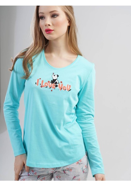 Vienetta Bayan Sevimli Açık Mavi - Uzun Kollu Pijama Takımı