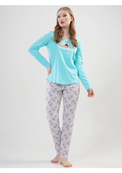 Vienetta Bayan Sevimli Açık Mavi - Uzun Kollu Pijama Takımı