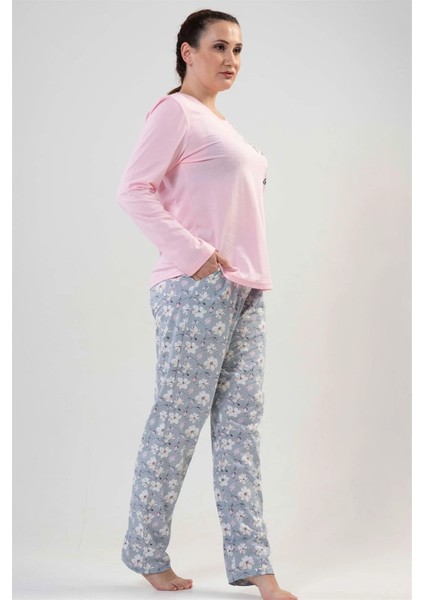 Vera Moda Tarz Vienetta Bayan Pembe Beyaz Çiçekli - Büyük Beden Uzun Kollu Pijama Takımı