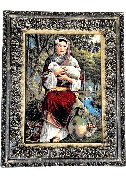 Anasının Kuzusu Adlı Iran Tebriz Halı Tablo 94X76CM Mavi - Duvar Halı Kilim Tablo