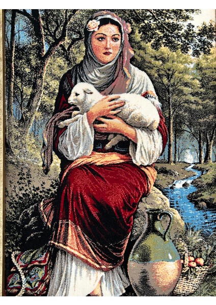 Anasının Kuzusu Adlı Iran Tebriz Halı Tablo 94X76CM Mavi - Duvar Halı Kilim Tablo fiyatları