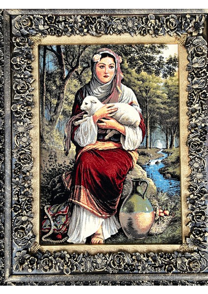 Anasının Kuzusu Adlı Iran Tebriz Halı Tablo 94X76CM Mavi - Duvar Halı Kilim Tablo modelleri