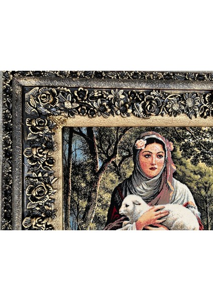 Anasının Kuzusu Adlı Iran Tebriz Halı Tablo 94X76CM Mavi - Duvar Halı Kilim Tablo indirimleri